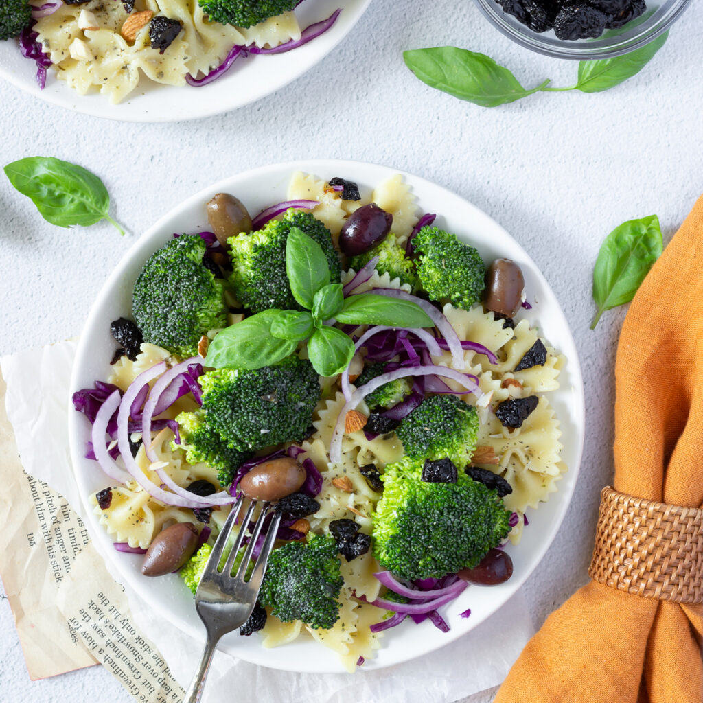 vegan recipe for broccoli crunch salad with pasta and dried cherries