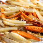 Assembly of homemade Vegan Fries and Sweet Potato Fries.
