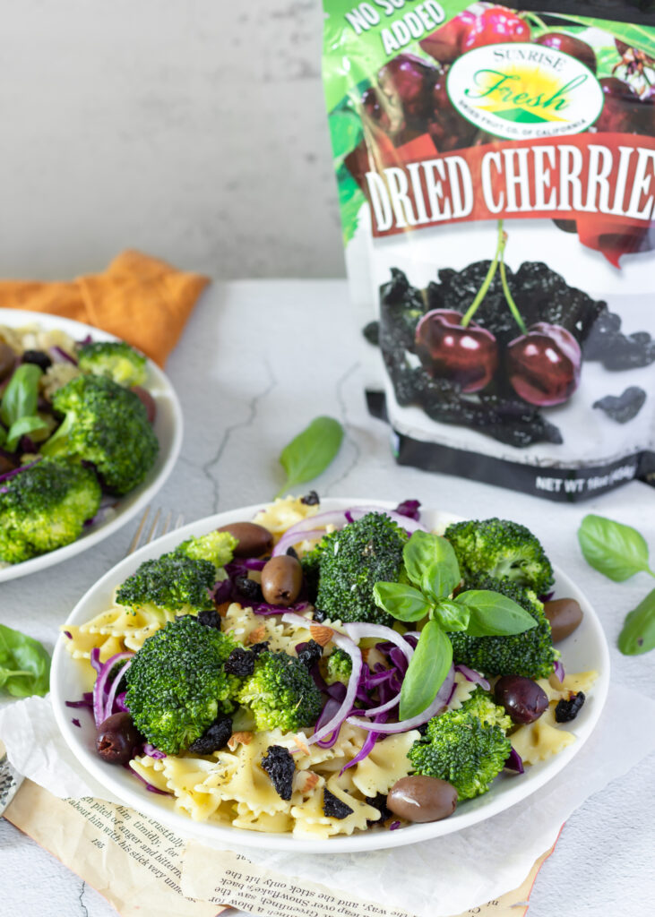 vegan broccoli crunch salad with pasta and dried cherries