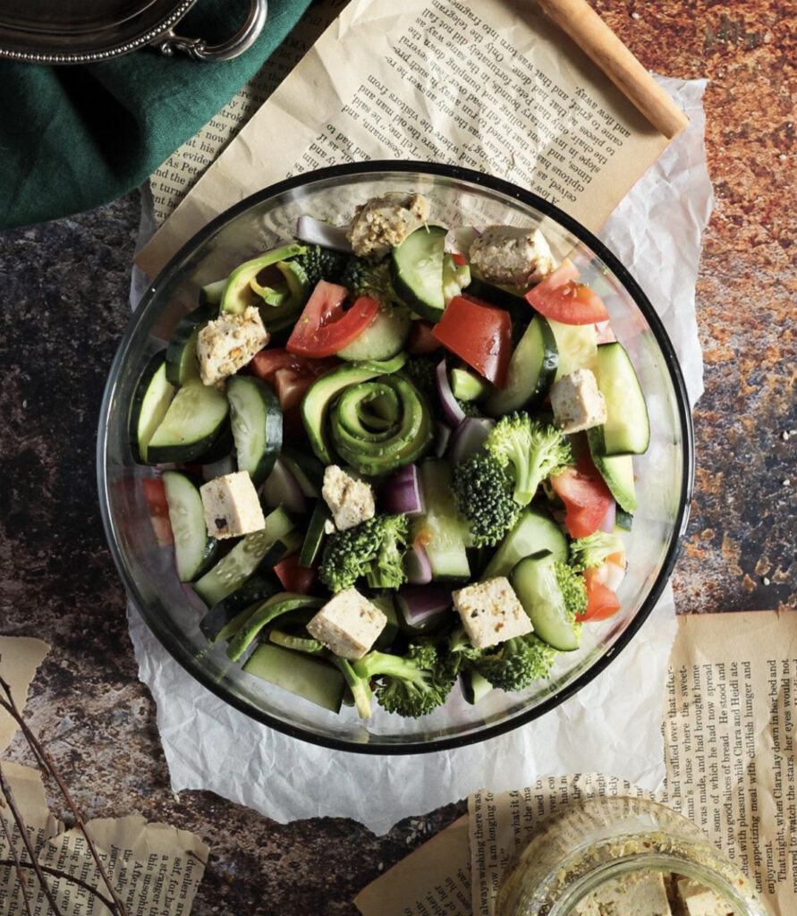 Vegan Salad With Tofu, broccoli, tomatoes, red onion, avocado
