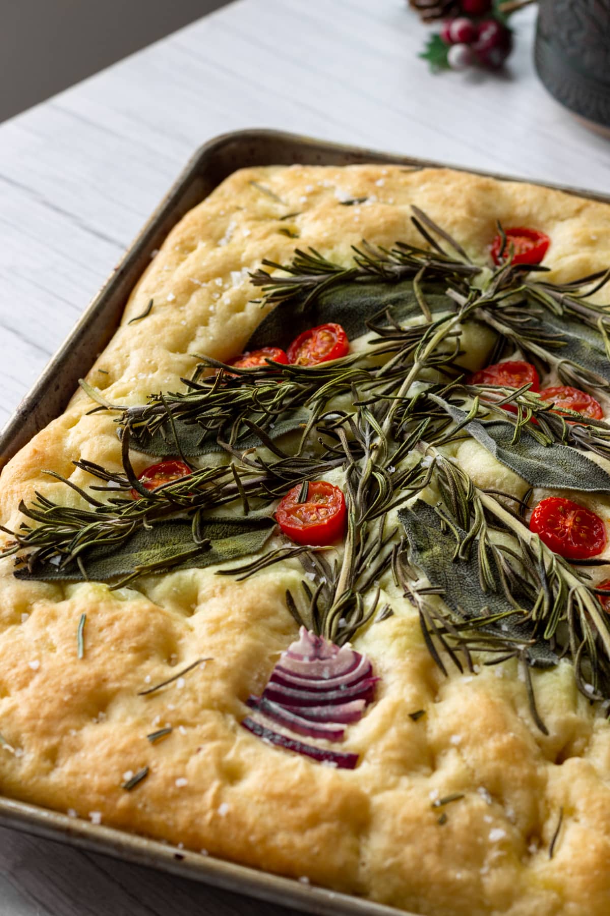 Christmas tree focaccia served in baking tray