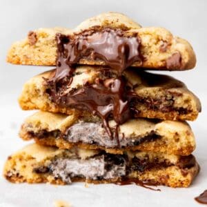 Chocolate Filled Cookies stacked on top of one another.