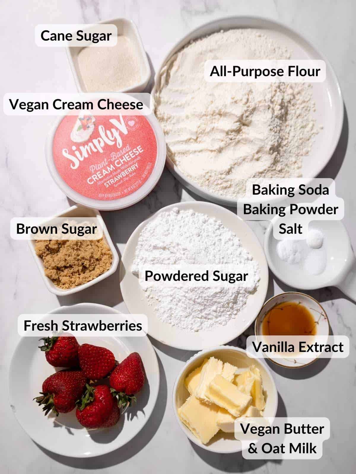 Ingredients for vegan strawberry cheesecake cookies.